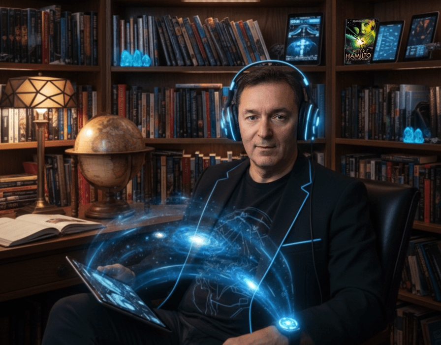 Man wearing headphones in a room with bookshelves and a glowing dolphin graphic