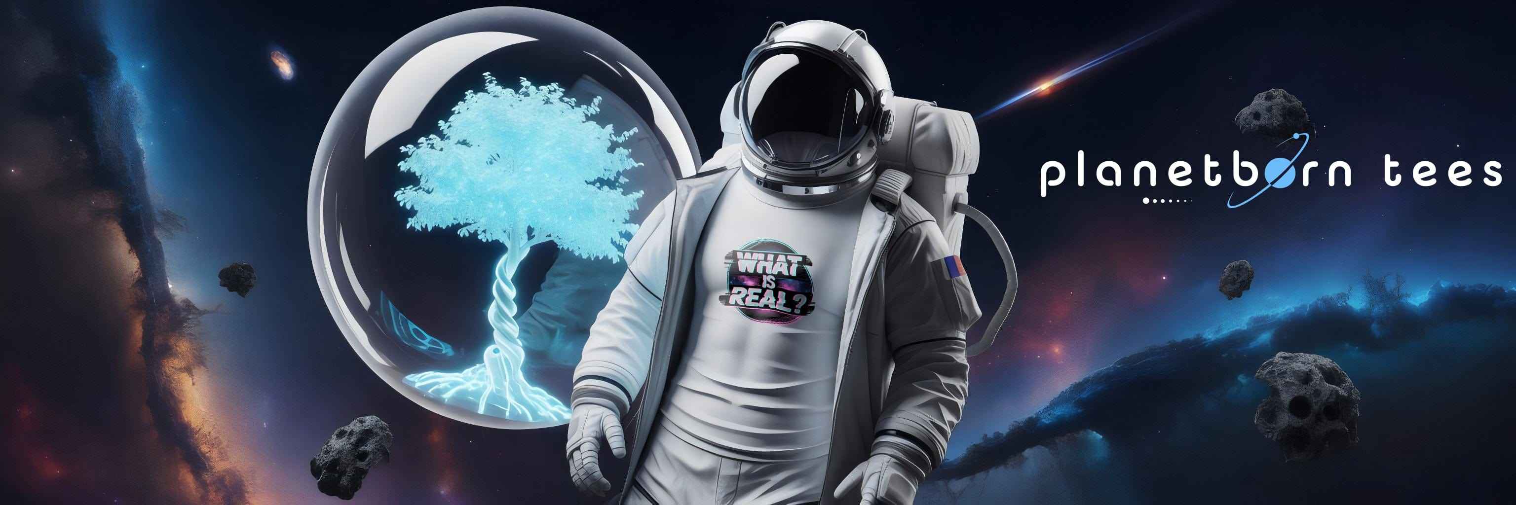 A person in an astronaut suit with a planet and tree graphic, featuring 'planetborn tees' branding.